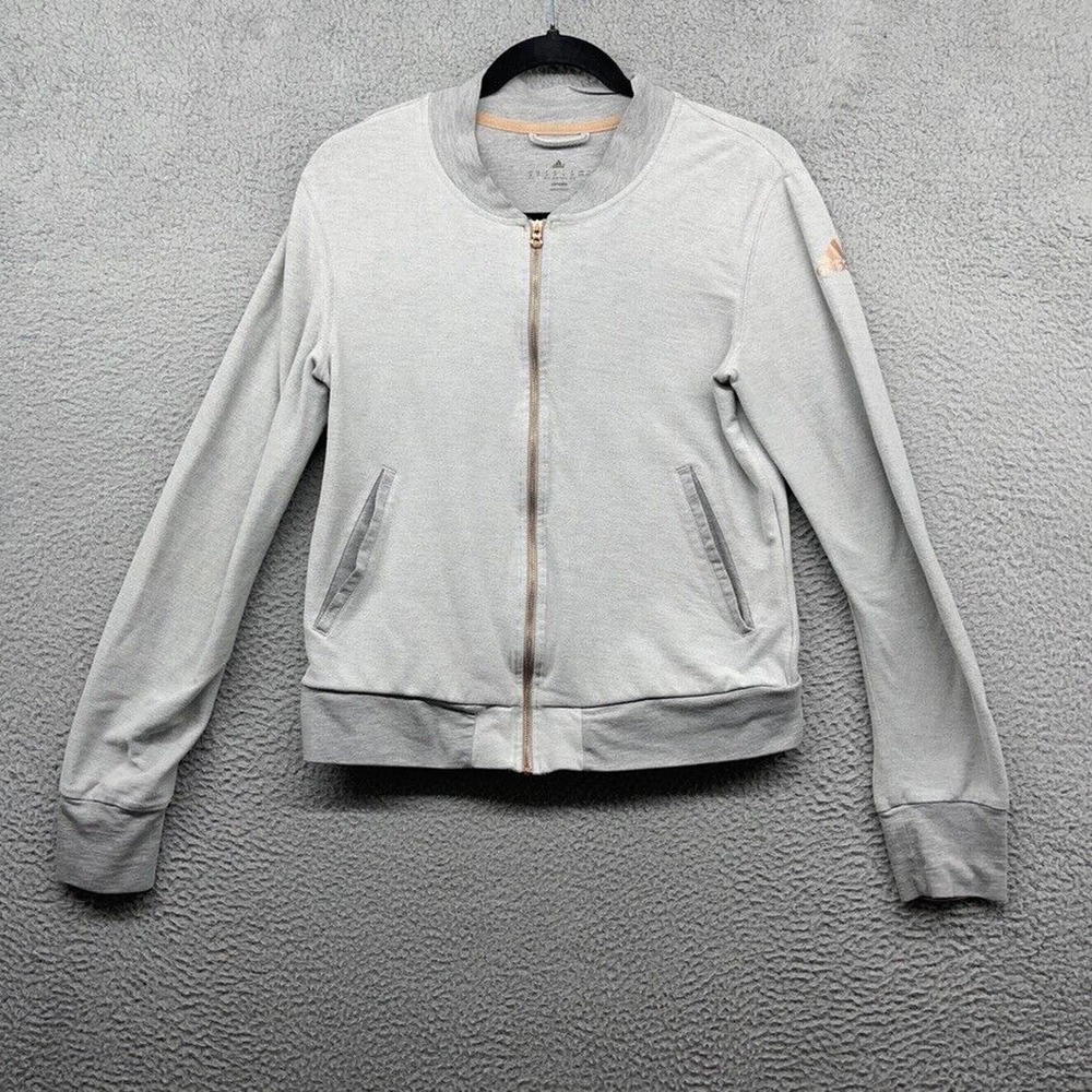 Adidas Womens Bomber Jacket Gray Rose Gold Logo Full Zip Long Sleeve Size M